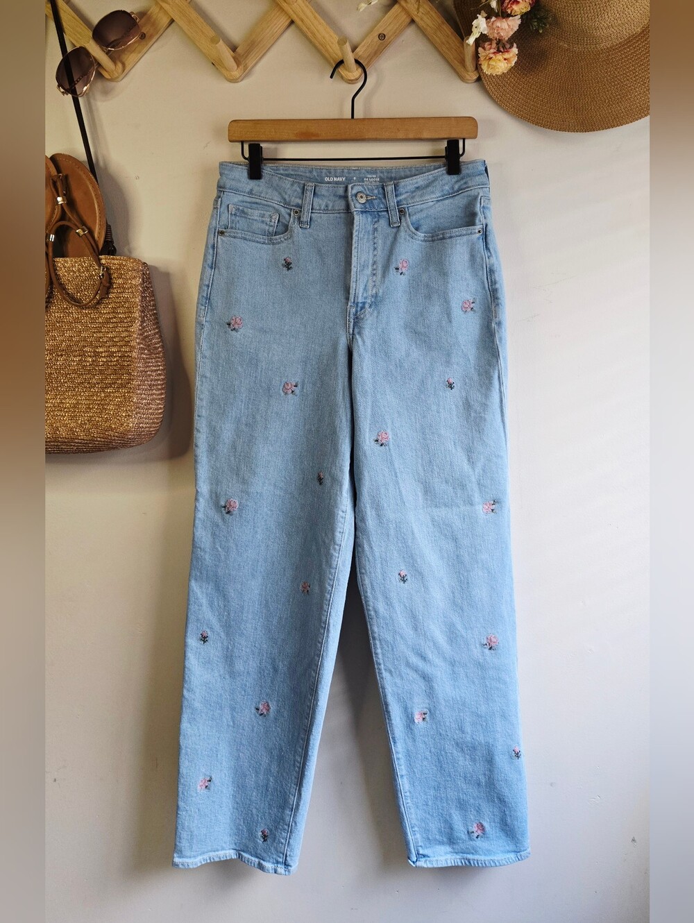 Old Navy High Rise OG Loose Jeans with Pink Floral Embroidery